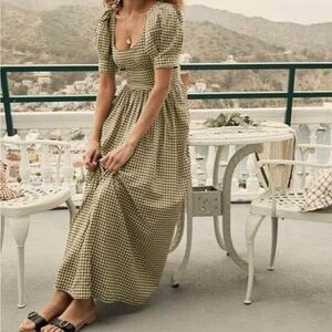 DÔEN Kennedy puff-sleeve maxi dress in green/olive gingham organic cotton size S